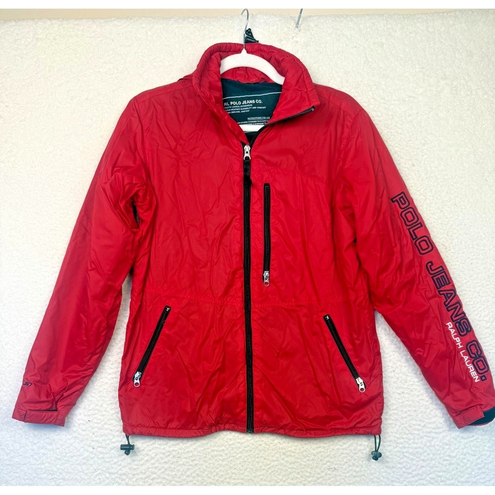 Polo Jeans Co Ralph Lauren Jacket Mens Medium Red Hooded Fleece Lined Gorpcore